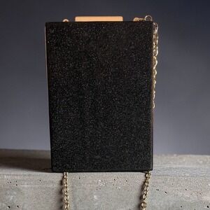 Black Glitter Box Clutch Gold Trim Evening Bag Crossbody Chain Strap Formal